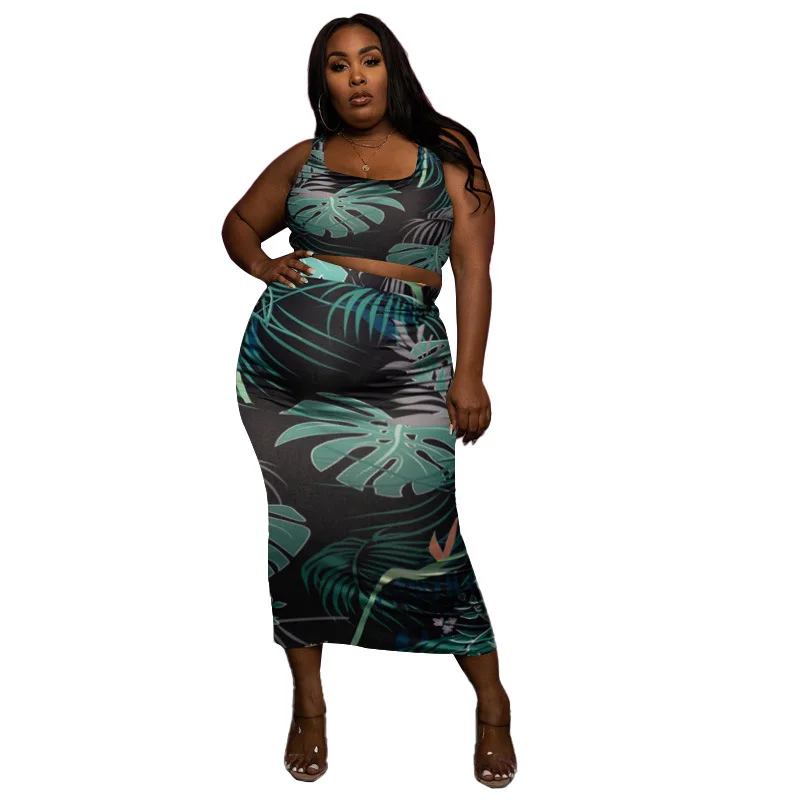 

Fashion Sexy Big Beautiful Women Skirt Set Crop Top Tanks+Midi Skirt Suit Female 2PCS Outfits Women Plus Size Two Piece Sets