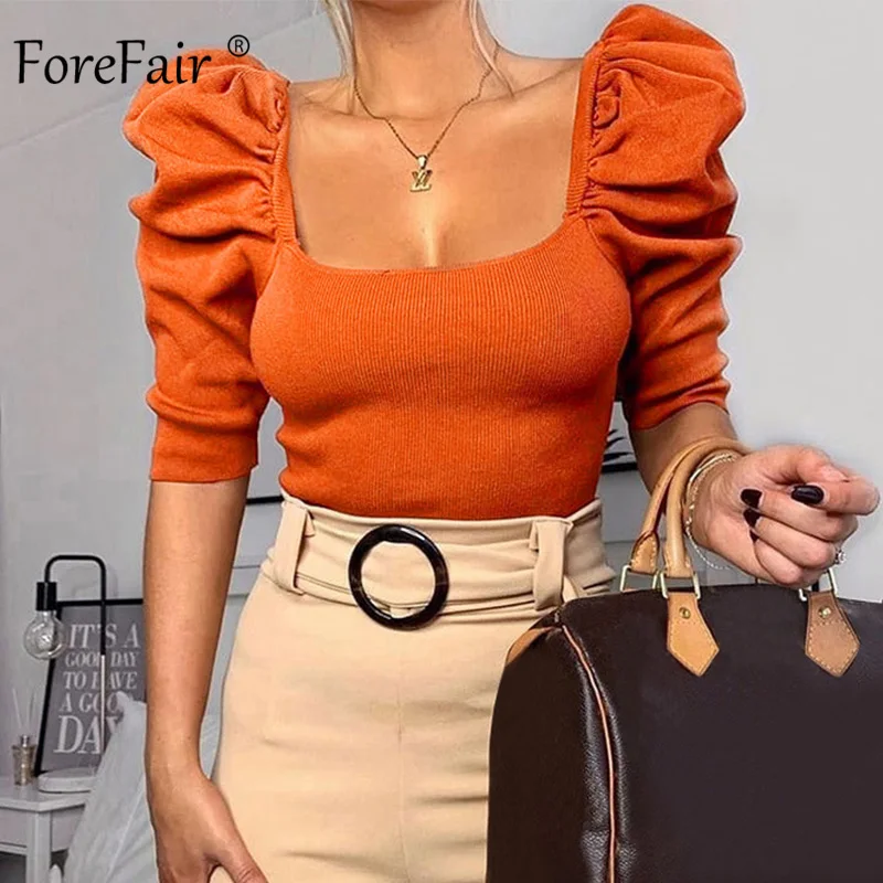 Forefair винтажный буф с рукавом женская блузка квадратным вырезом в Корейском стиле
