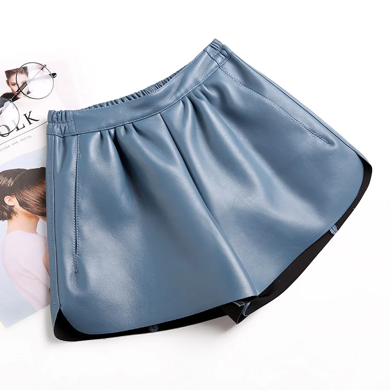 

Winter Red Autumn Woman Leather Shorts High Quality Loose Korean Wide Leg Elastic High Waist Sheepskin Shorts Women Large Size