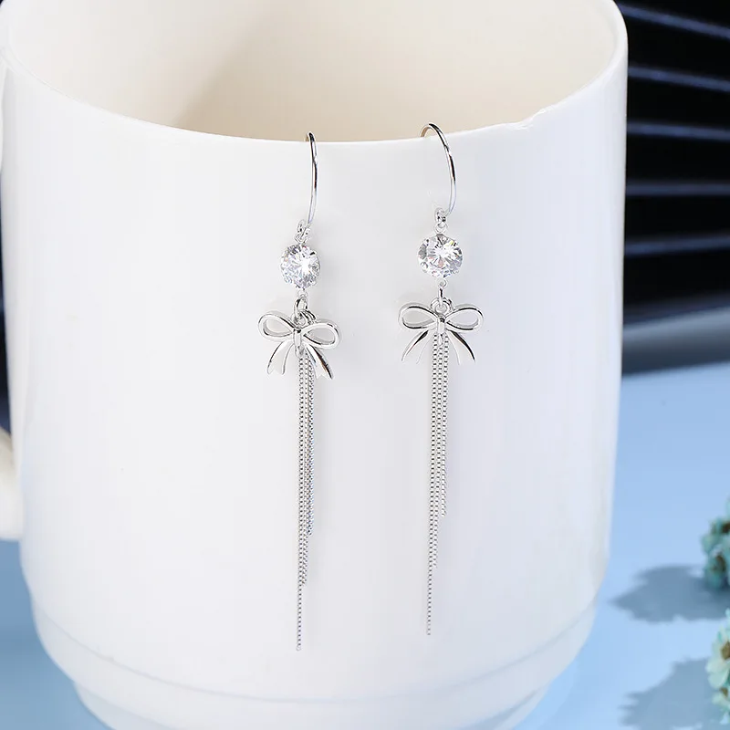 

925 Sterling Silver Zircon Tassel Butterfly Earrings Women Long Earrings Korean Fashion Retro Drop Earrings Wedding Fine Jewelry