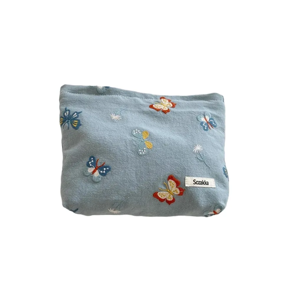 

1 Pc Women Blue Cosmetic Bag Embroidery Butterfly Large Makeup Bag Travel Beauty Case Storage Organizer Handbag