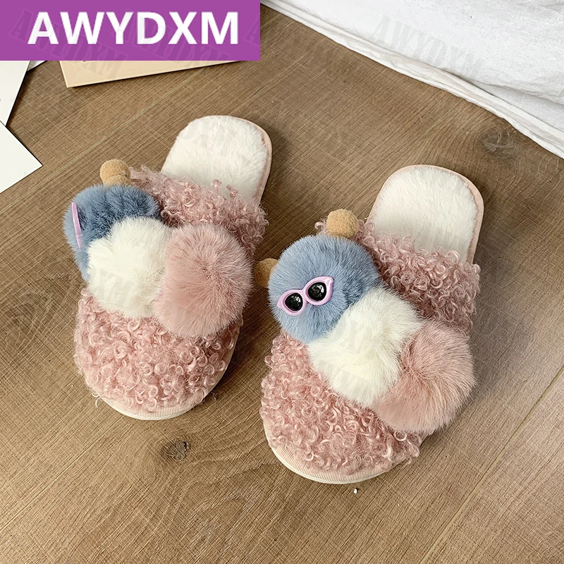 

Роскошные теплые меховые тапочки, новинка 2021, зимние шлепанцы на плоской подошве, милая модная повседневная женская домашняя обувь из хлопк...