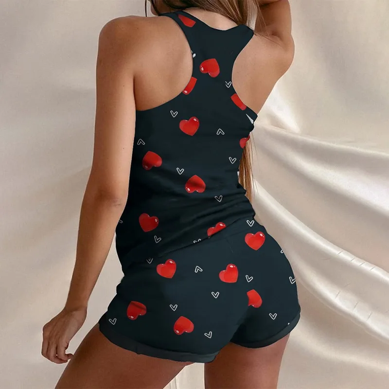 

2021 Pyjamas For Women Camisole Sleep Wear Women Pajamas Heart Print Nightgown Ruffled Flounce Shorts Lingerie Set Home Clothes