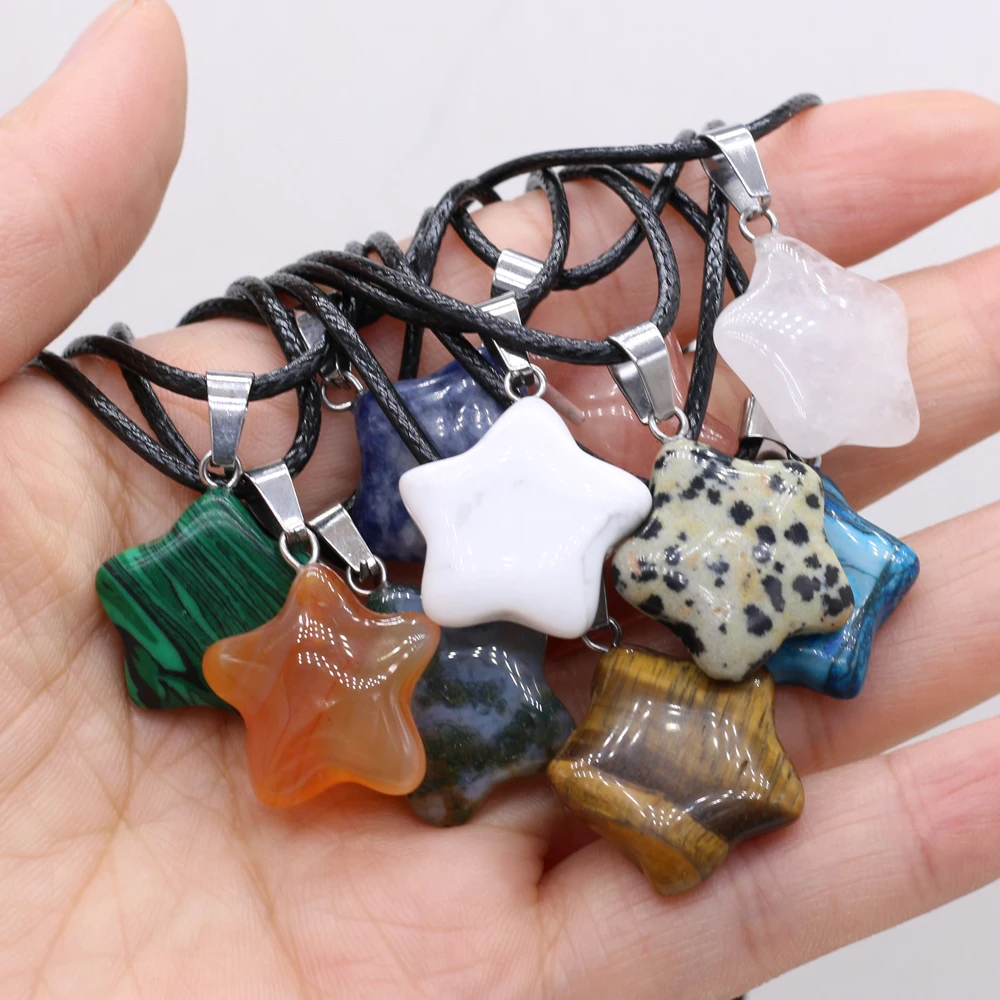 

New Agate Opal Necklace 20x20mm Natural Semi-Precious Stone Five-Pointed Star Pendant Necklace for Unisex Charm Jewelry Gifts
