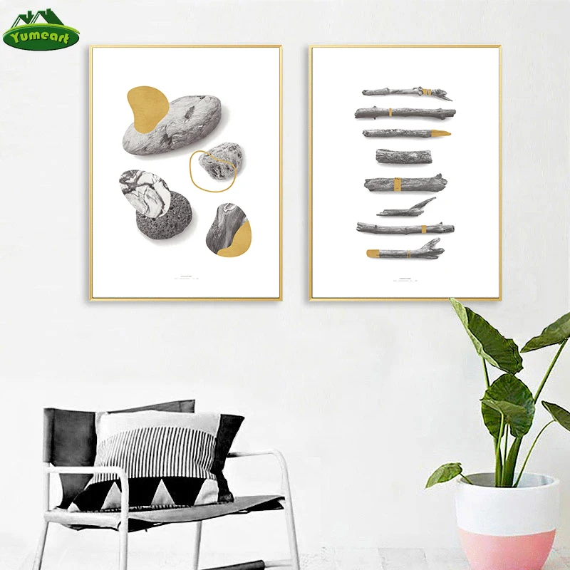 Каменная и деревянная ветка холст живопись пейзаж плакаты печать цветной блок