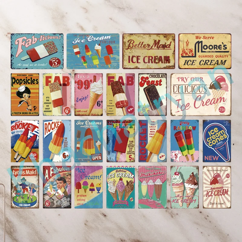 

Retro Ice Cream Time Metal Plaque Summer Plate Retro Painting Iron Tin Sign Wall Art Picture For Shop Home Living Room Decor