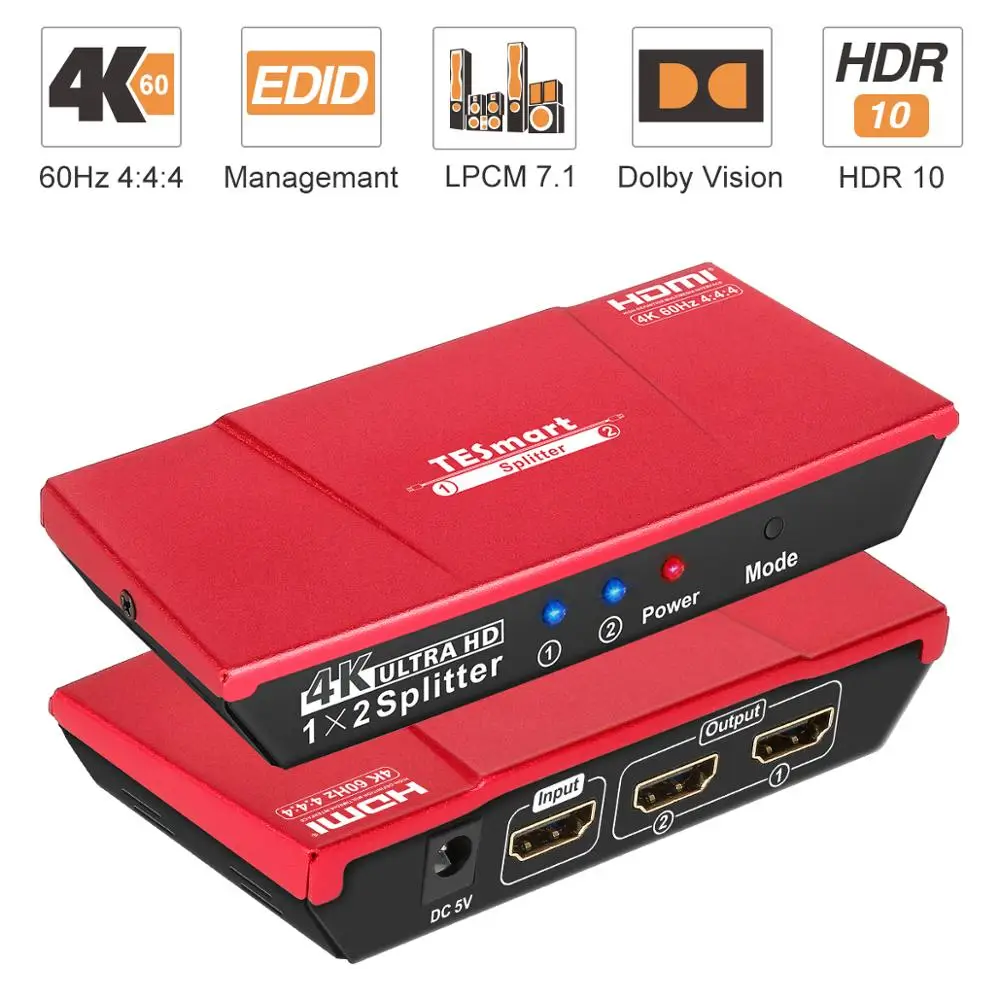 

TESmart HDMI Splitter 1 Input 2 Output 4K@60Hz 4:4:4 Ultra HD Dual Monitors Compatible with PC PS3 PS4 Xbox-HDMI, HDCP 2.2, HDR
