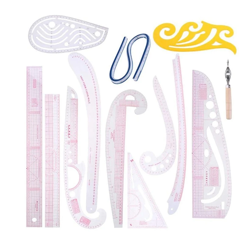 

13Pcs Sewing Ruler Line French Curve Ruler Cutting Mat Set Yardstick Sleeve French Curve Cutting Knife Ruler Sewing Tool