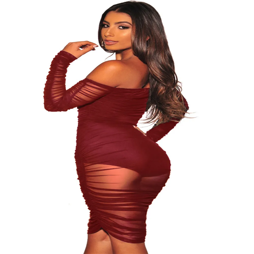 

Europe and the United States sexy transparent mesh strapless dress woman long sleeve nightclub party dress
