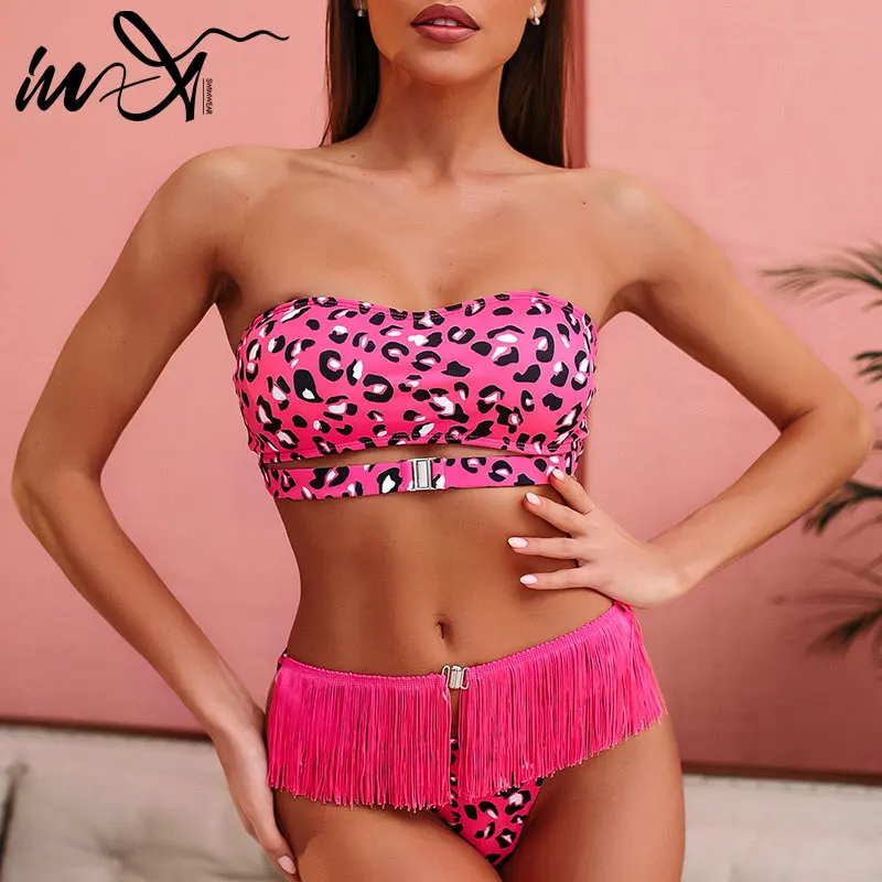 In X сексуальный бикини бандо с кисточками 2020 Леопардовый купальник пряжкой