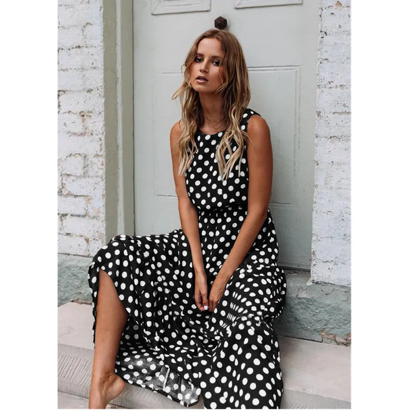 Весна-лето 2020 женское платье макси без рукавов с круглым вырезом Pollka в горошек