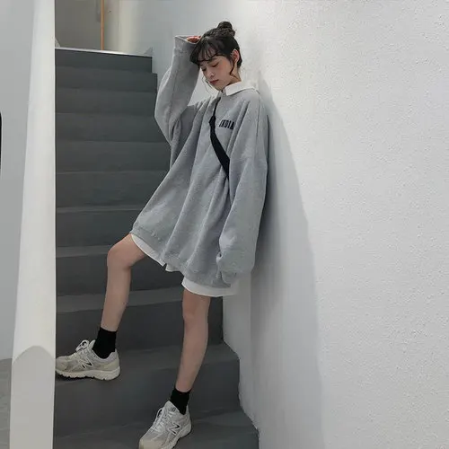 С принтом букв Повседневное свободные модные базовые больших размеров