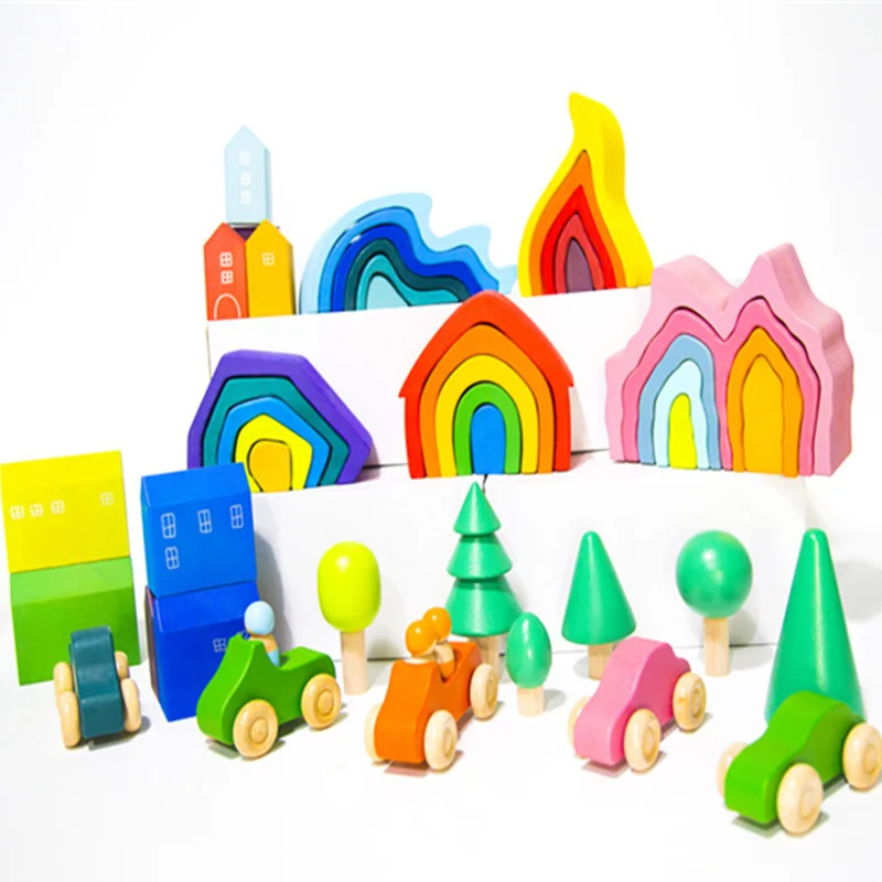 

Rainbow Wooden Blocks Rainbow Building Blocks Colorful Stone Wooden Toys Stacker Game Puzzle Educational Toy