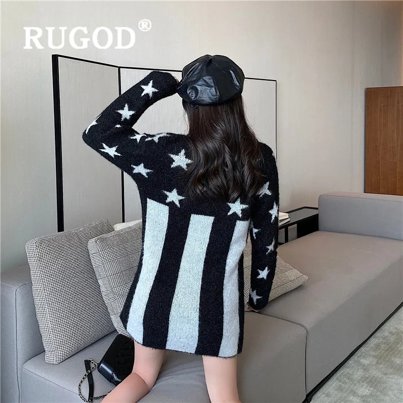 RUGOD Autumn Winter New Style Loose Star Pattern Fuzzy Sweater Dress Women Medium Long Mohair Pullover Fashion 2019 Kpop Clothes | Женская