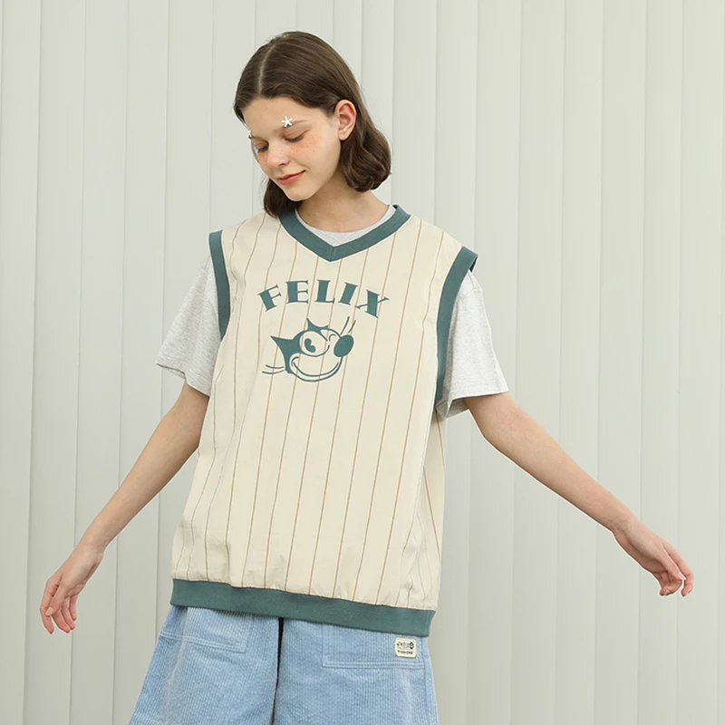 

Summer New Women Vest V-neck Loose Striped Print Cartoon Cat Ladies Casual Tops