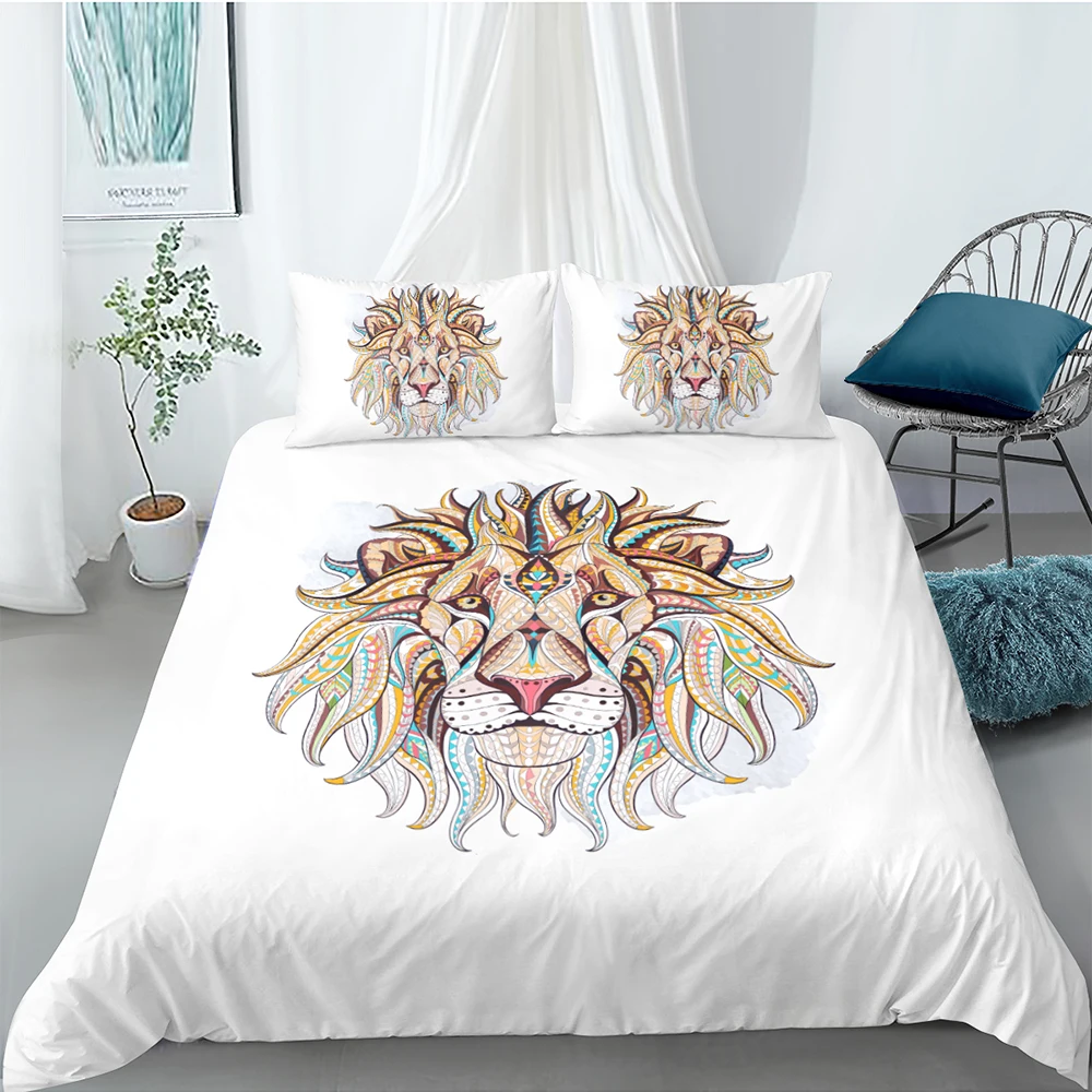 

Комплект постельного белья с изображением Лев, креативный крутой Простой 3D пододеяльник, белый двуспальный односпальный Комплект постельн...