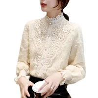 petal sleeve stand collar hollow out flower lace patchwork shirt femme blusas all match women lace blouse button white top
