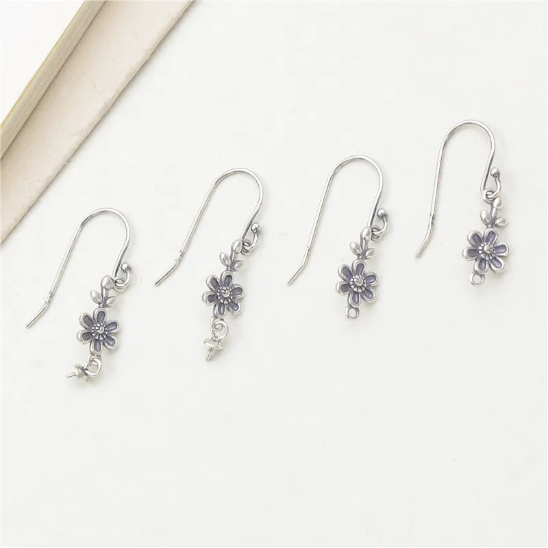 1 Pair 925 Sterling Silver Flower Women's Earrings Retro Style Pearl Ear Hook DIY Jewelry Making Supplies Accessories