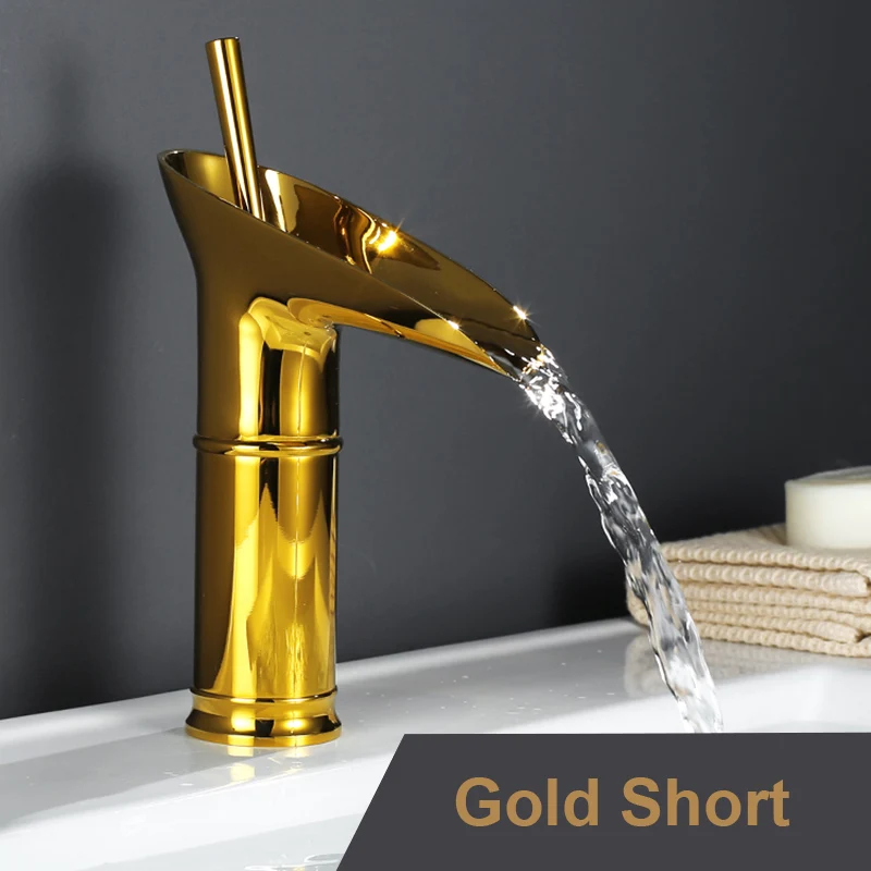 Gold Short Водопад антикварные краны ванная раковина кран черный латунный Смеситель для раковины краны горячей и холодной воды винный стеклянный стиль ретро Каскадный кран - Цвет: Gold Short