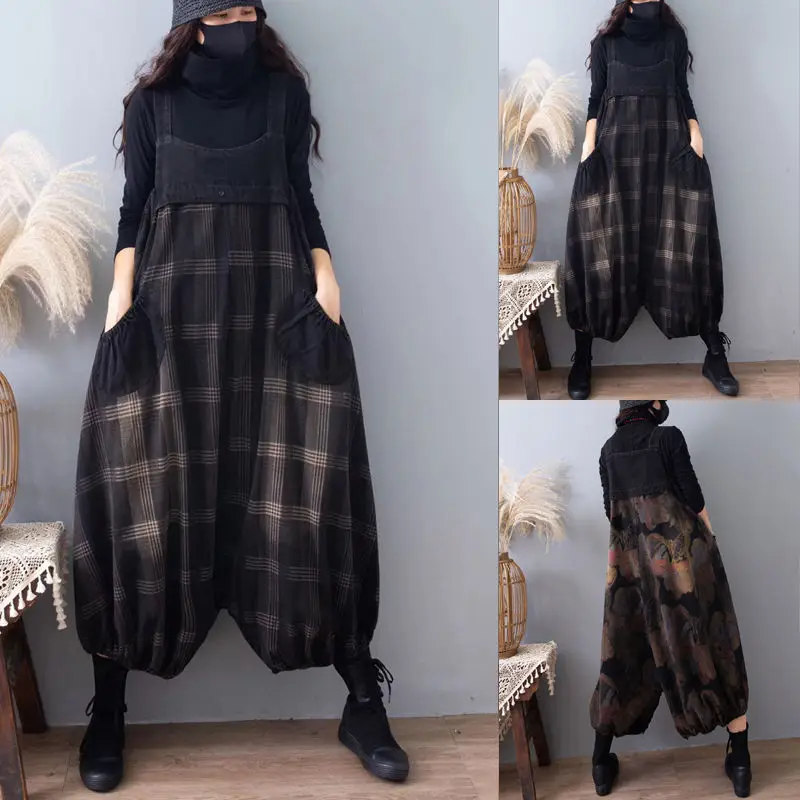 

Fall Winter Denim Suspender Pants Women's Thickening Print Pants Artistic Japan Style Lantern Skirts Pants Wide Leg Jumpsuit
