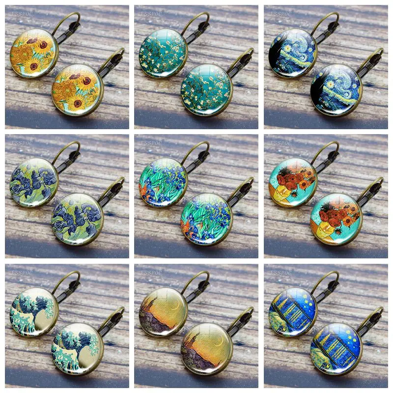Винтажные серьги кольца с изображением картины Ван Гога стеклянные кабошоном