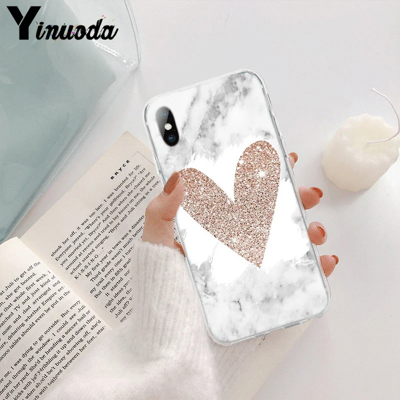 Защитный чехол Yinuoda в полоску с сердечками золотистыми розовыми и мраморными