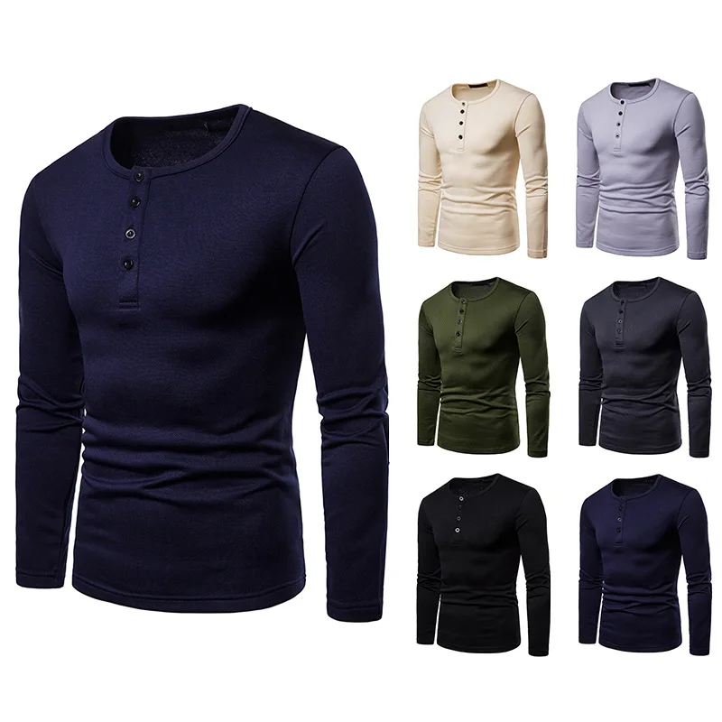 

Cross-Border Men L Plus Velvet Warm Fleece Henry Collar Long Sleeve T Shirt Base TShirt Q110