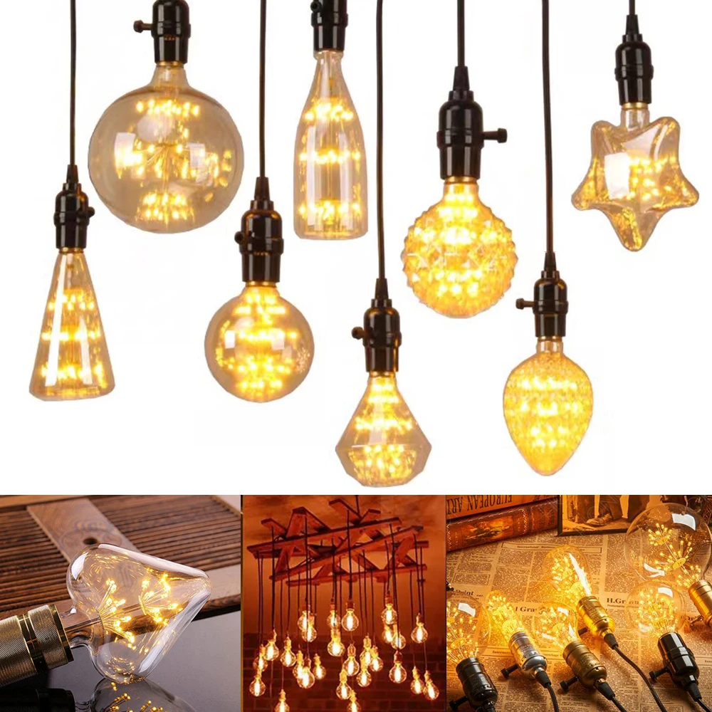 

110V 220V LED Bulb E27 E26 Retro Vintage Firework Gypsophila Bulb ST58 T30 A19 G95 LED Lamp Dimmable Filament Edison Style Bulb