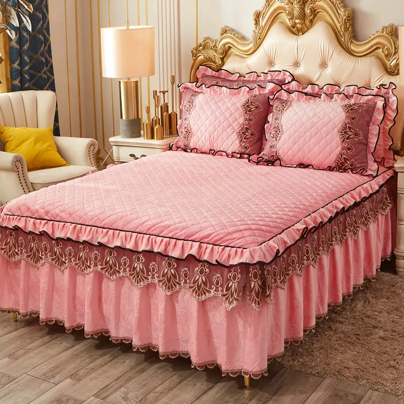 Европейский бархат кружева тиснением стеганое покрывало для кровати рюшами