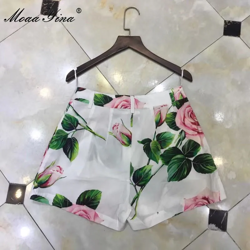 MoaaYina Summer Women Rose Floral-Print Cotton Shorts | Женская одежда