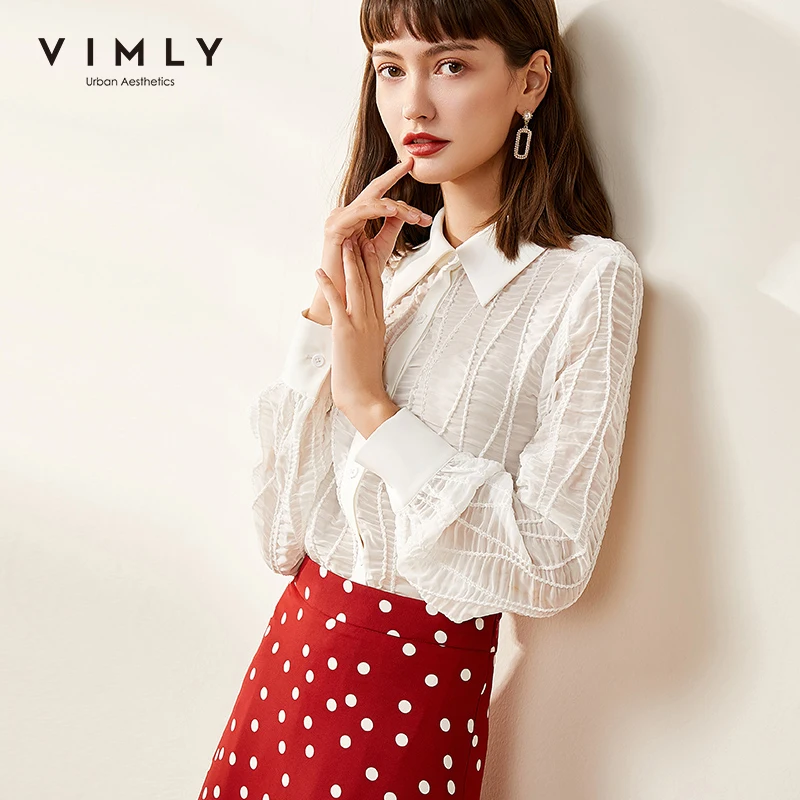 

Vimly Blusas Feminina Office Lady Elegant Turn Down Collar Single Breasted Solid Autumn Clothes Female Chiffon Blouse F0119