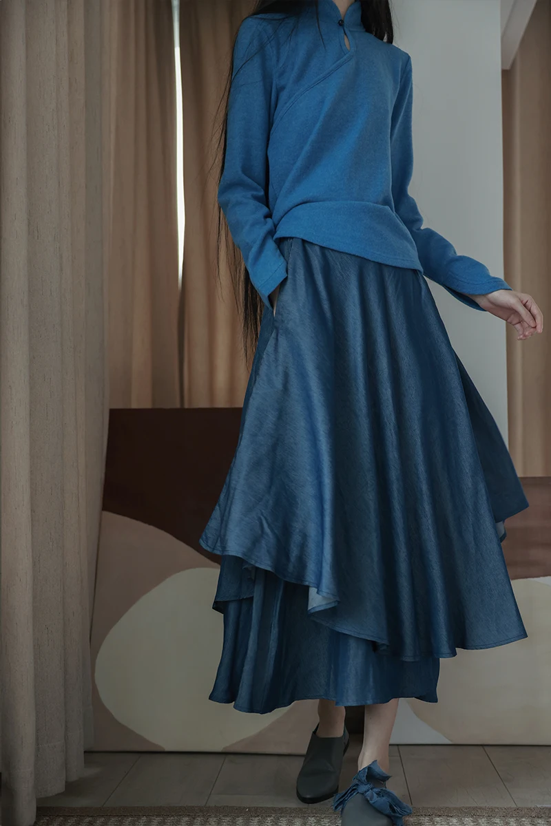

UMI MAO Spring And Autumn Yaolan Homemade Irregular And Elegant Half-length Skirt Female Chinese Style Blue