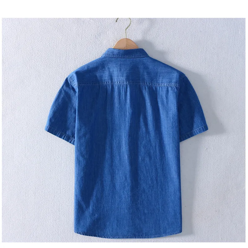 

SHAN BAO classic brand embroidery men's slim denim short-sleeved shirt 2021 summer 100% cotton high-quality lapel casual shirt