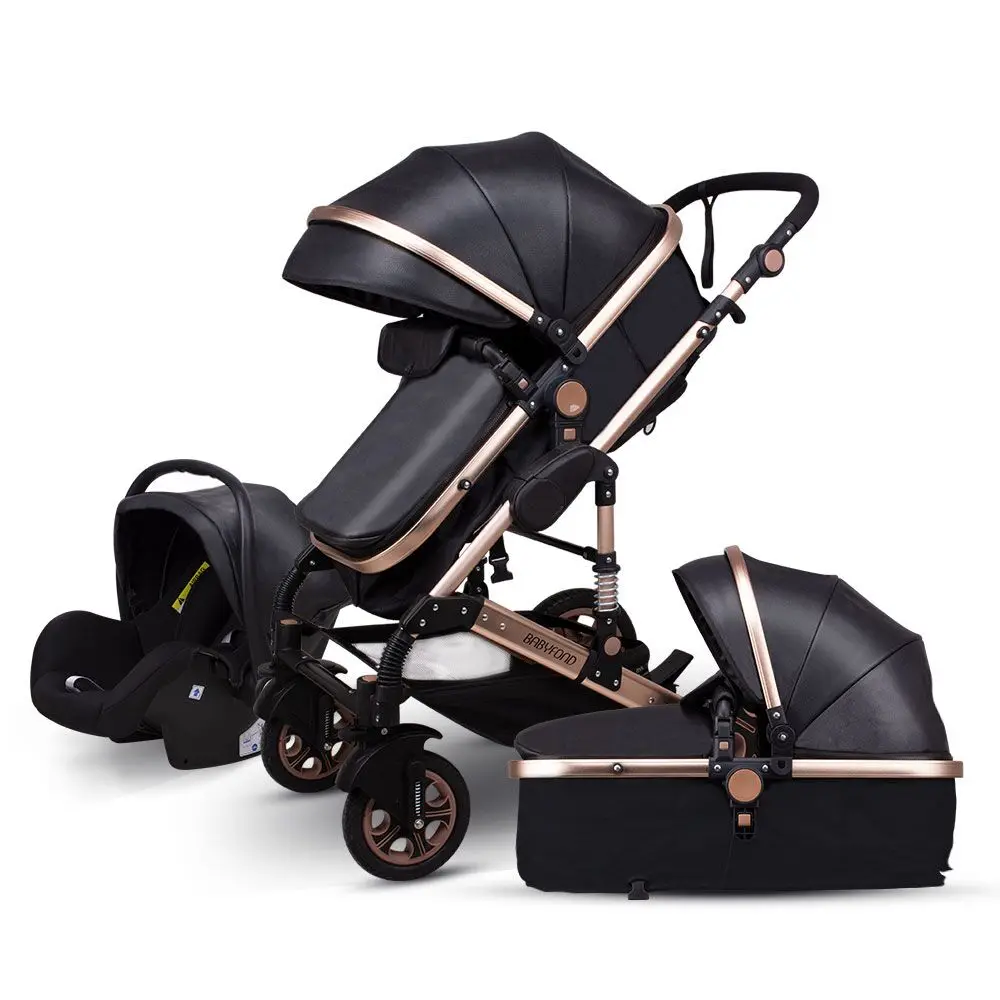 black PU Высокая пейзажная детская коляска 3 в 1 Роскошная модная детская коляска Двусторонняя легкая складная коляска для новорожденных - Цвет: black PU