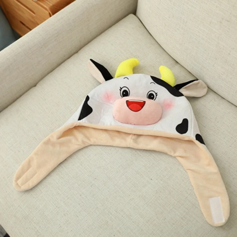 

Cute Milk Cow Plush Hat Funny Animal Stuffed Toys Earflap Cap Party Photo Props J78E