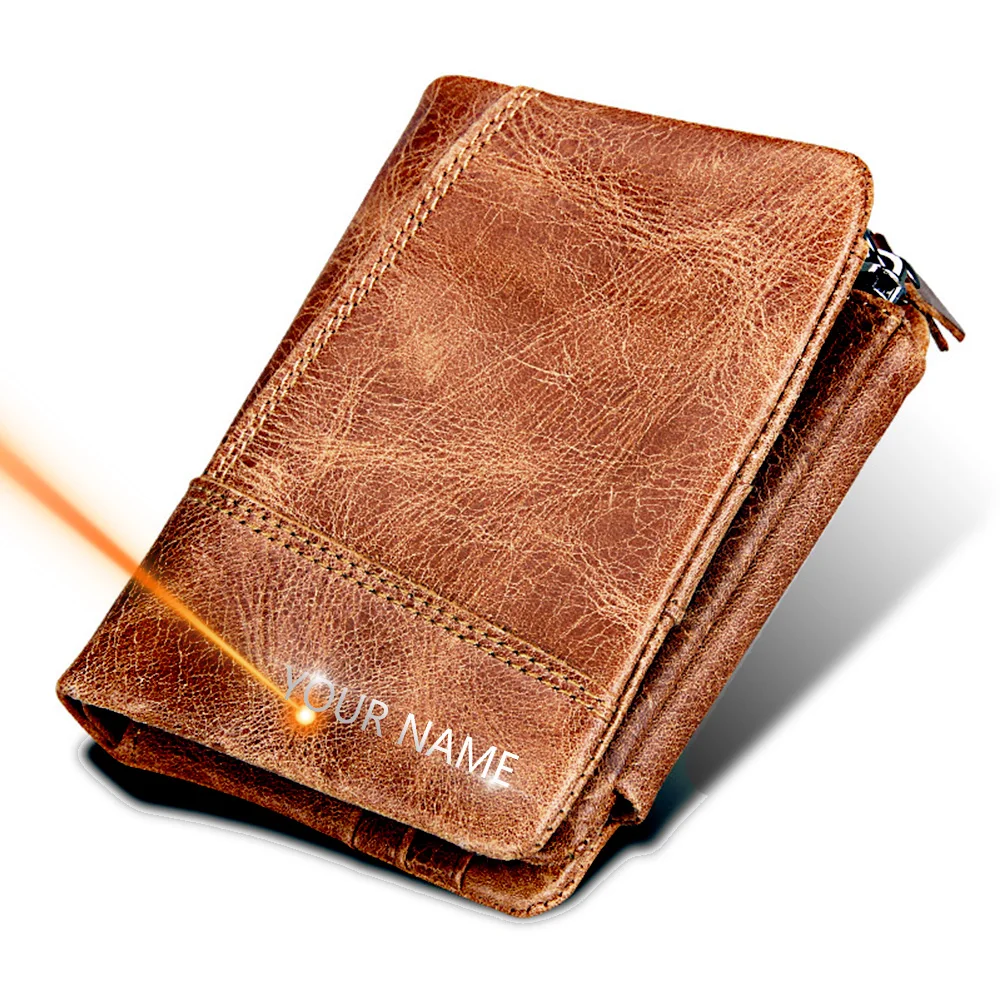 

New Name Engraving Short Men Wallets Fashion Genuine Cow Leather Male Zipper Purses Coin ID Card Holder Pocket Wallets For Men