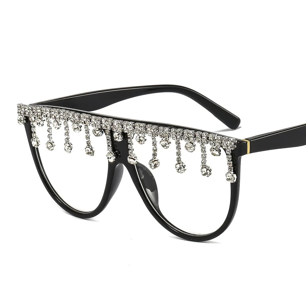 

New Style Handmade Tassel One-piece Sunglasses Women Hot Sale Rhinestone Big Frame Personalized Sunglasses For Men