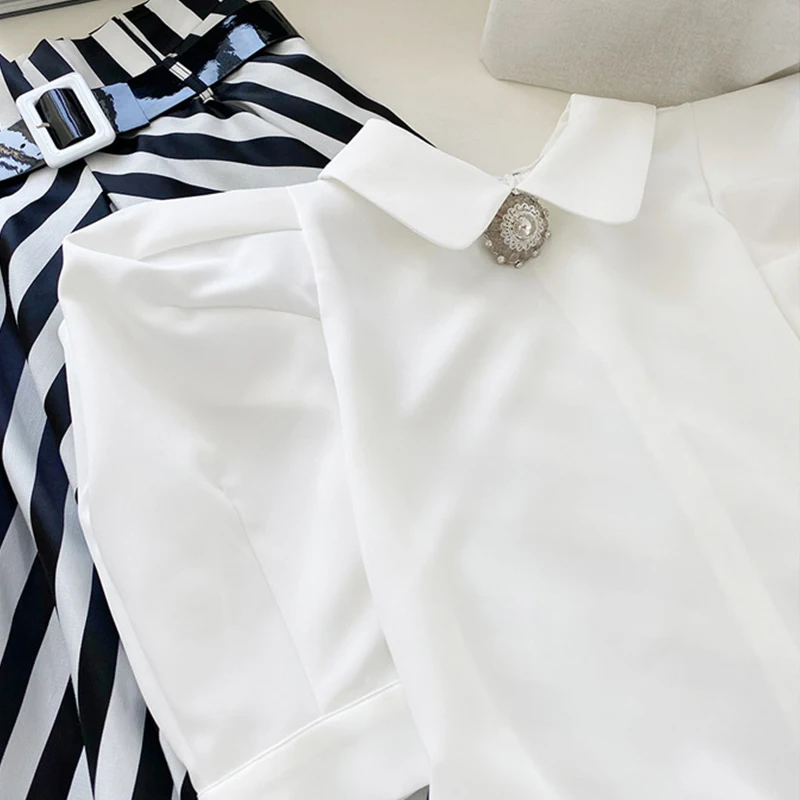 

spring autumn fashion outdoor casual personality women sets fresh white shirt and striped long a-line skirt elegant women sets