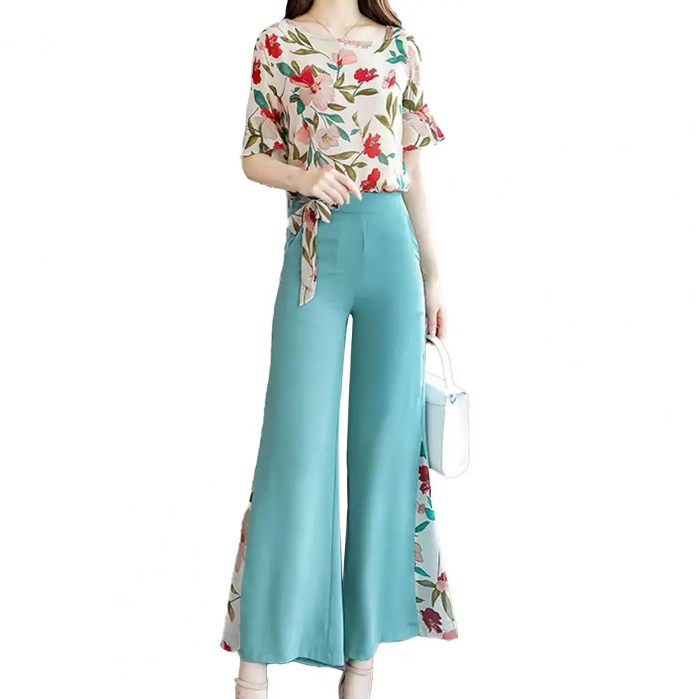 

Casual O-neck floral print lotus leaf sleeve top straight wide-leg pants summer office two-piece suit daily vetement femme 2021