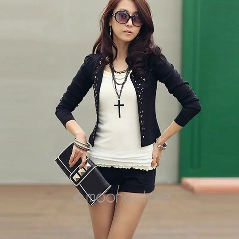

Super Fashion Cool Women Ladies Long Sleeve Shrug Suits small Jacket Elegant Women's Rivet Coat Black/White