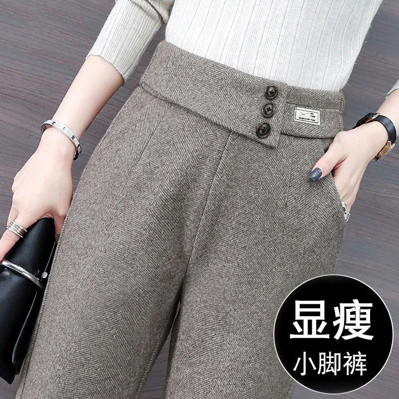 

Woolen Cloth Pencil Pants Slim Women Korean Fashion Pantalones Autumn Winter Vintage Female Trousers Plus Velvet Thicken Warm