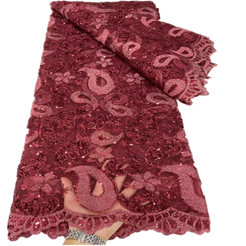 

High Quality red Embroidery Sequins Fabric African French Tulle Lace Fabric For Sewing Dresses FDC101