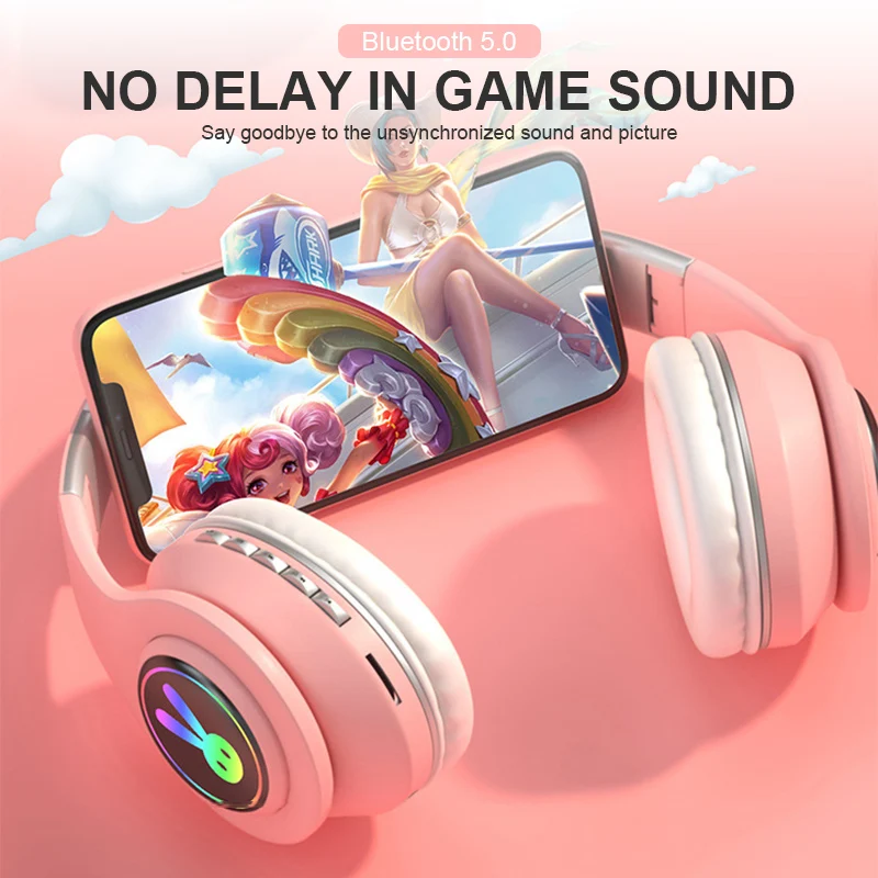 Складные детские наушники Bluetooth 5 0 с животными и микрофоном беспроводные розовые