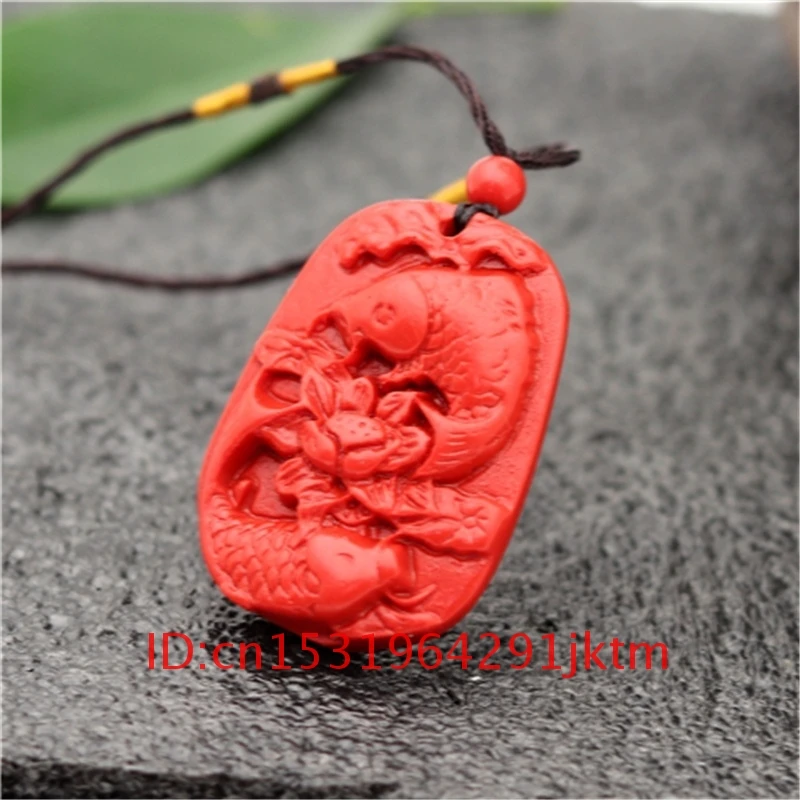 

Pendant Fashion Carved Jewellery Lotus Red Natural Gifts Amulet Hand Charm Necklace Chinese Carp Woman Men Cinnabar Organic