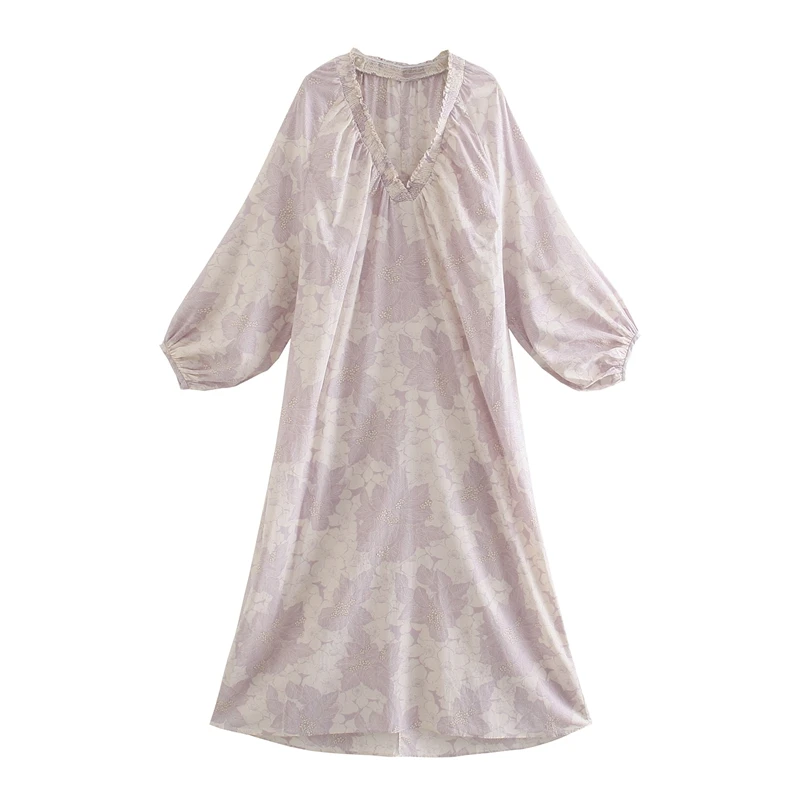 

Summer Elegant V neck Puff Sleeve Midi Dress Floral Loose Casual Party Dresses For Women Beach Vacation