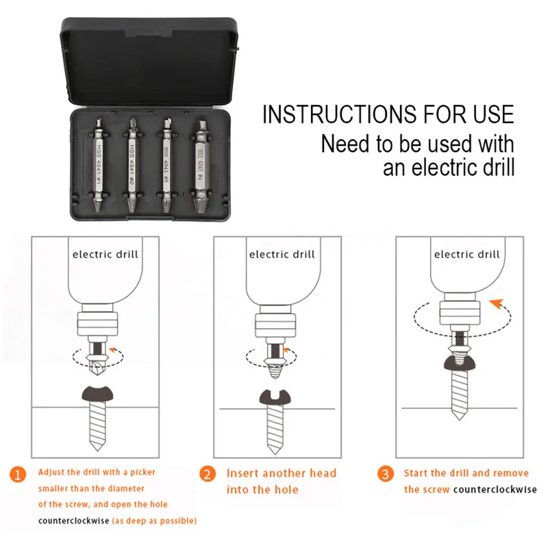 

4pc Damaged Screw Extractor Use With Any Drill As Seen On TV SpeedOut Double Side Bolt Stud Screw Remover Extractors Free Ship