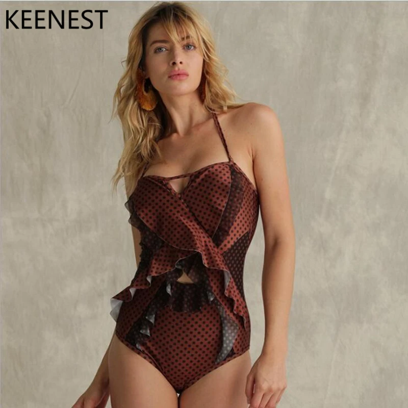 Женский цельный купальник KEENEST монокини с вырезами и оборками летний купальный