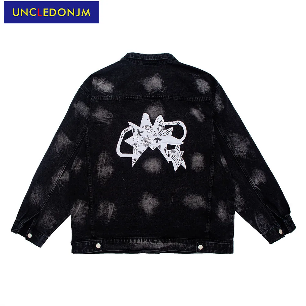 

UNCLEDONJM damaged vintage embroidery tie-dye denim jacket men street punk skateboard loose motorcycle denim jacket coat