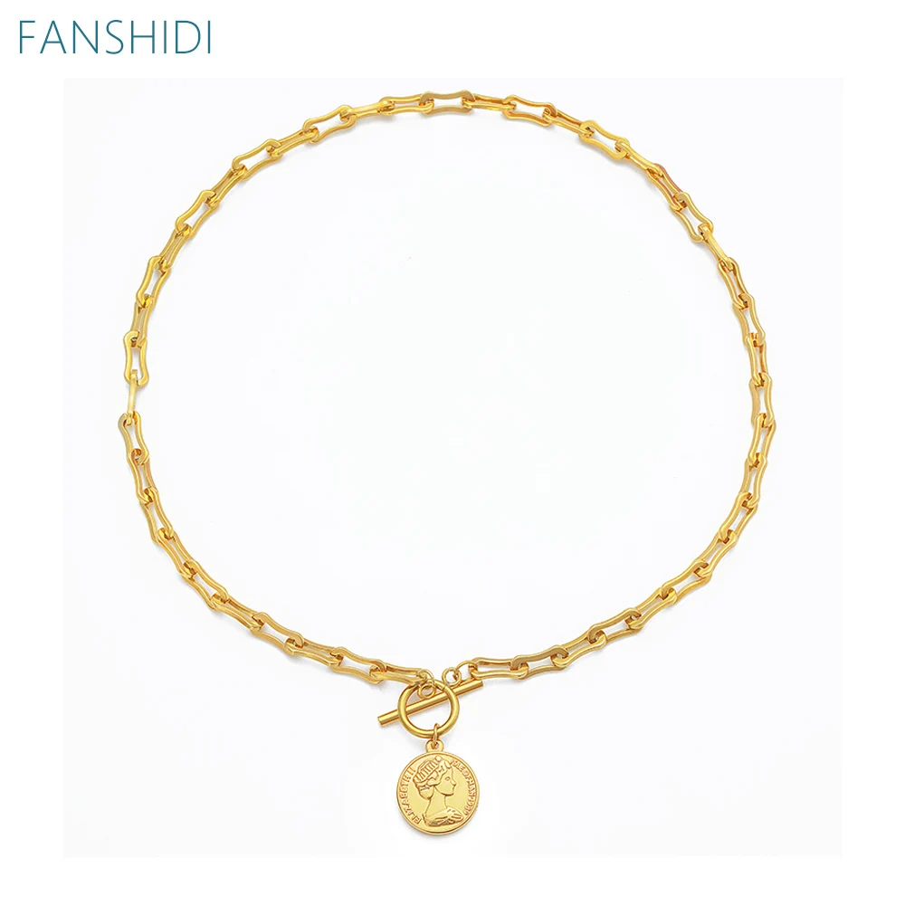 

FANSHIDI 19mm Avatar Coin Pendant Necklace For Women Chunky Chain Stainless Steel Necklace Femme Fashion Jewelry