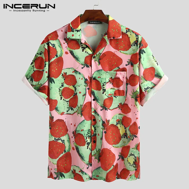 

INCERUN Men Summer Floral Shirts Fashion Fruit Pattern Printed Shirt Man Casual Short Sleeve Lapel Blusa Loose Breathable Camisa